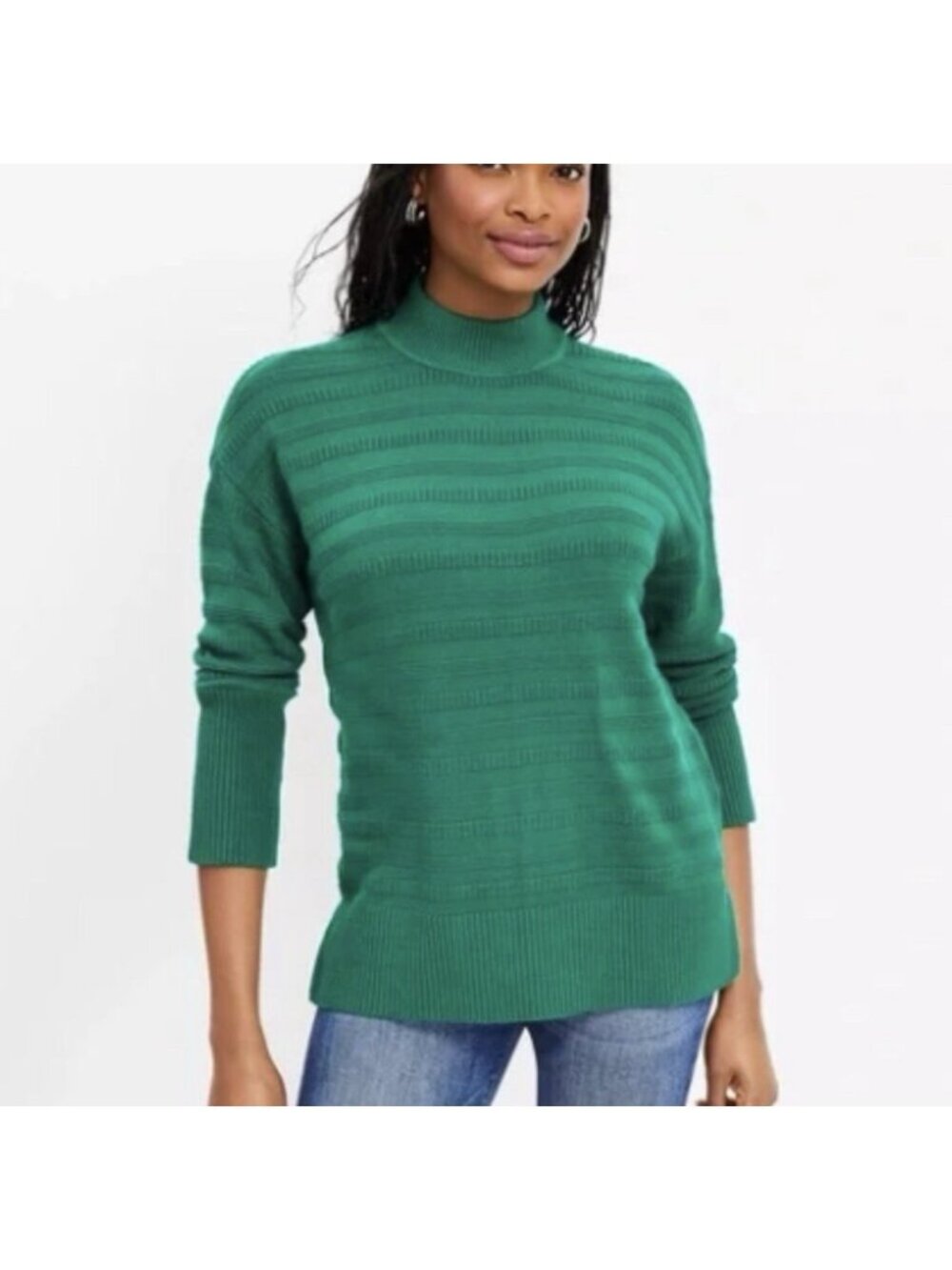 LOFT Ann Taylor Green Cotton Blend Textured Mock Neck Sweater Long Sleeve Medium